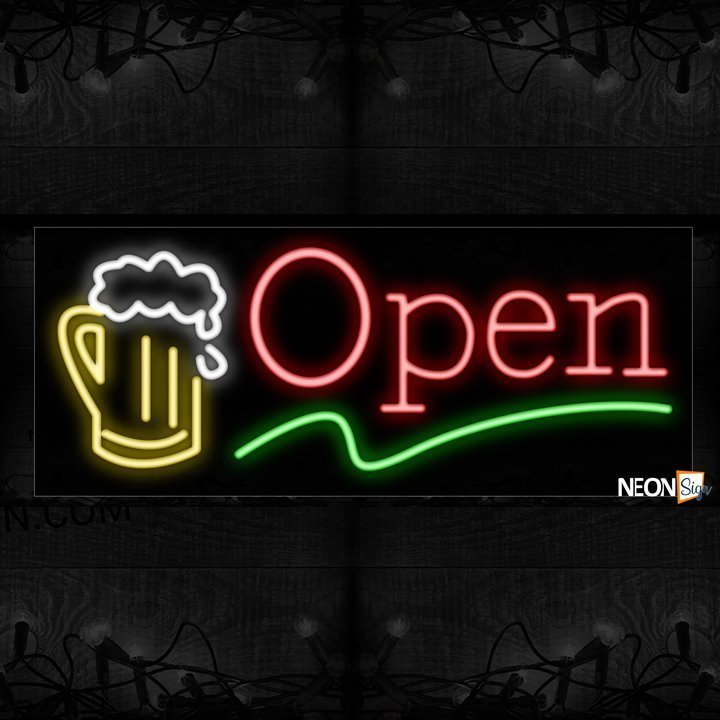 Open In Red With Beer Mug And Green Line Neon Sign