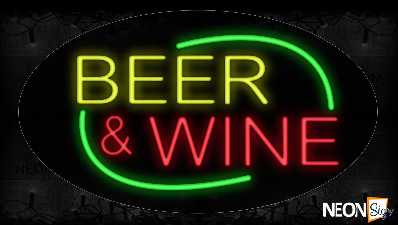 Beer & Wine With Green Arc Border Neon Sign
