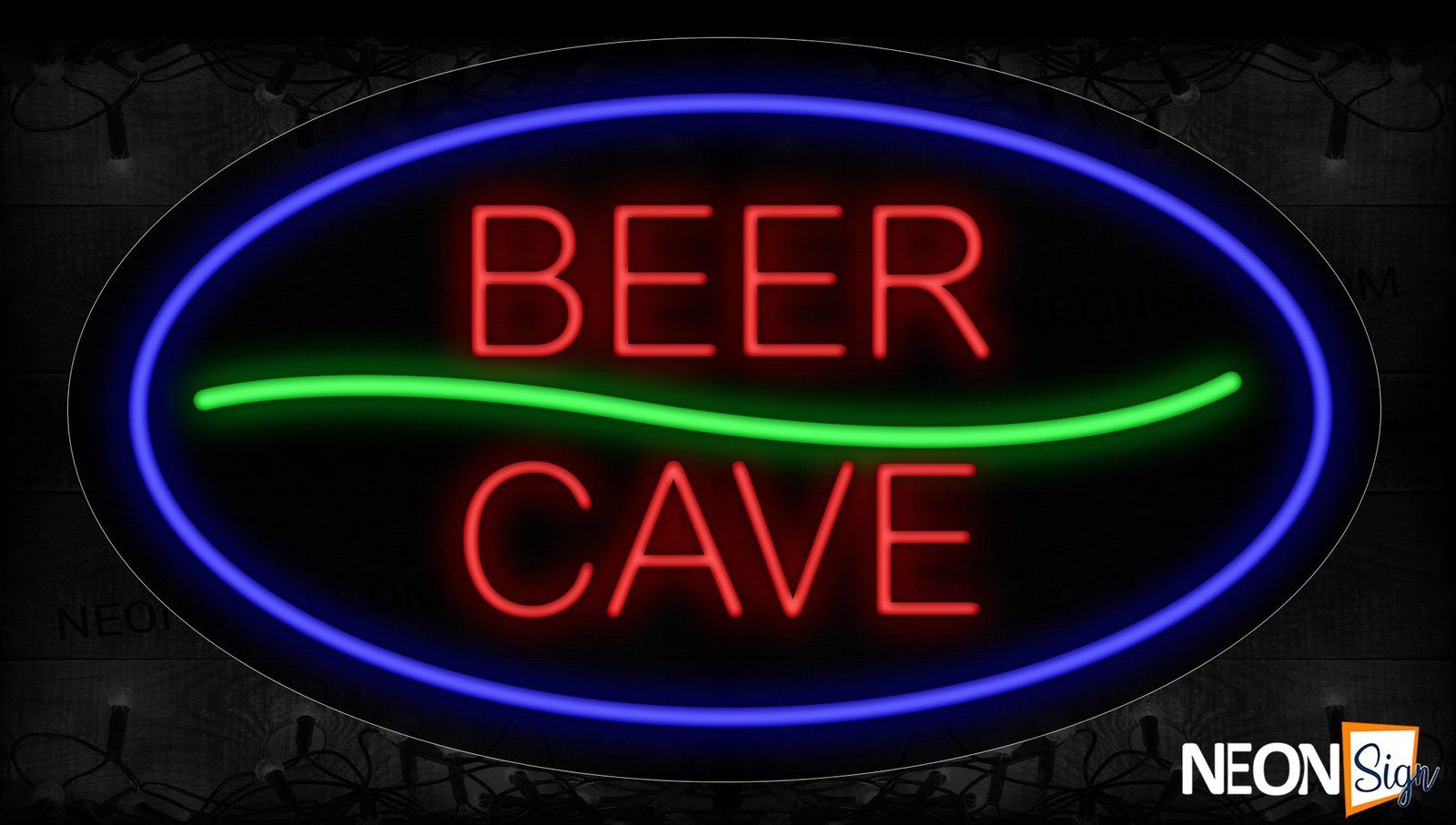 Beer Cave In Red With Green Line And Blue Oval Border Neon Sign