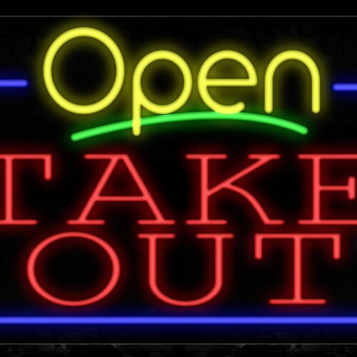 Open Take Out With White Line And Blue Border Neon Sign