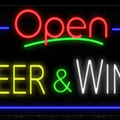 Open Beer & Wine With Blue Border Neon Sign