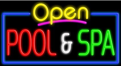 Open Pool & Spa With Blue Border Neon Sign