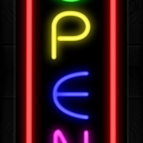 Colorful Open With Red Border (Vertical) Neon Sign