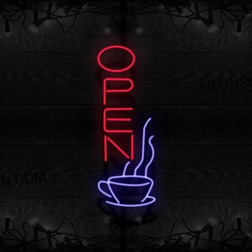 Image of Open In Red With Cup (Vertical) Neon Sign