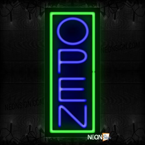 Image of Open in blue With Green Vertical Border Neon Sign