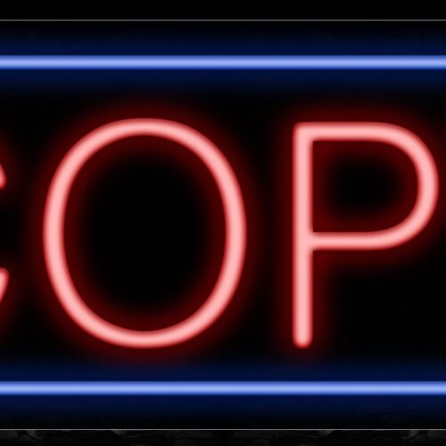 Image of 10044 Copy in red with blue border Neon Sign_13x32 Black Backing