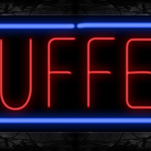 Image of 10183 Buffet in red with blue border Neon Sign 13x32 Black Backing