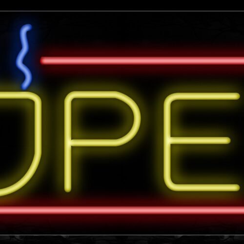 Image of 10484 Open in yellow with red border and cup of coffee Neon Sign_13x32 Black Backing