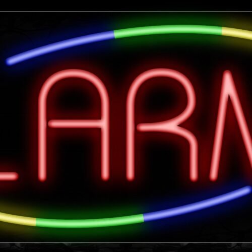 Image of 10725 Alarms in red with colorful arc border Neon Sign_13x32 Black Backing