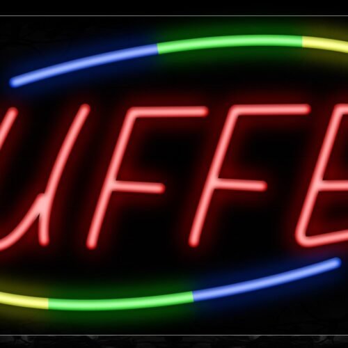 Image of 10751 Buffet in red with colorful arc logo Neon Sign_13x32 Black Backing
