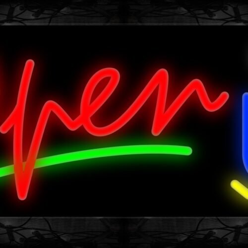 Image of 10859 Open in red with green line and cup Neon Sign 13x32 Black Backing
