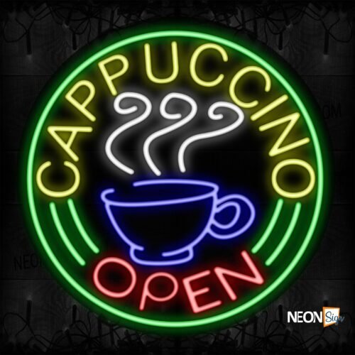Image of 11129 Cappuccino Open With Border & Mug Neon Signs_26x26 Contoured Black Backing