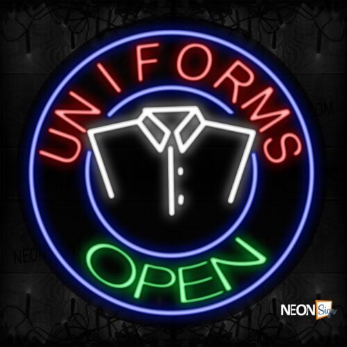 Image of 11171 Uniforms Open With Blue Circle Border And Logo Neon Signs_26x26 Contoured Black Backing