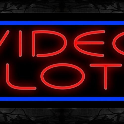 Image of 11502 Video Slots in red with blue border Neon Sign 13x32 Black Backing