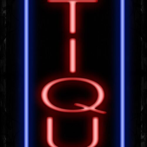 Image of 11515 antiques with blue vertical border led bulb sign_ 32x12 Black Backing