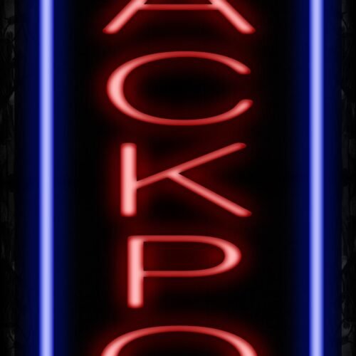 Image of 11580 Jackpot in red with blue border (Vertical) Neon Sign_32 x12 Black Backing