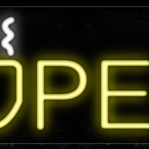 Image of 12117 Open With Coffee Mug In Yellow Neon Signs_10x24 Black Backing
