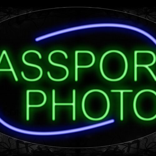 Image of 14060 Passport Photo With Blue Arc Border Neon Signs_17x30 Contoured Black Backing
