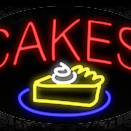 Image of 14384 Cakes with slice cake logo Neon Signs_17x30 Contoured Black Backing