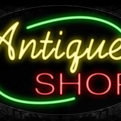 Image of 14491 Antique Shop With Green Arc Border Neon Sign_17x30 Contoured Black Backing