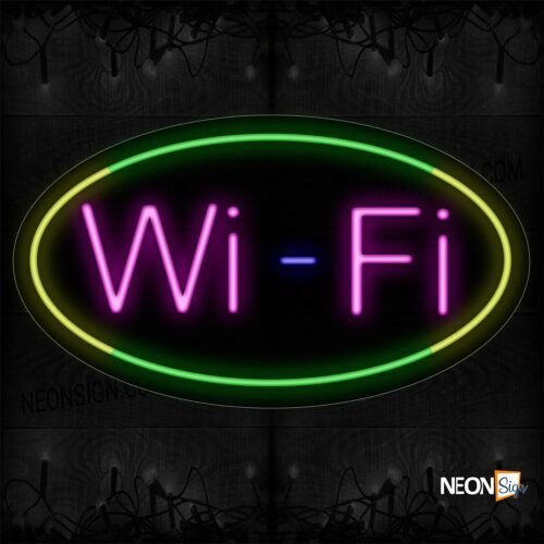Image of 14565 Wifi In Pink With Green And Yellow Oval Border Neon Signs_17x30 Contoured Black Backing