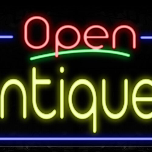 Image of 15446 Open Antiques With Blue Border And Green Line Neon Sign_20x37 Contoured Black Backing