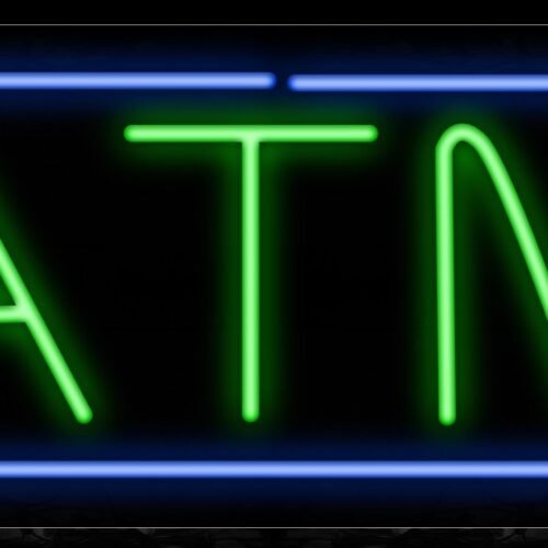 Image of 10010 ATM in green with blue border Neon Sign_13x32 Black Backing