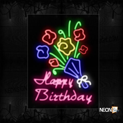 Image of 10465 Happy Birthday With Flower Logo Neon Sign_24x31 Black Backing