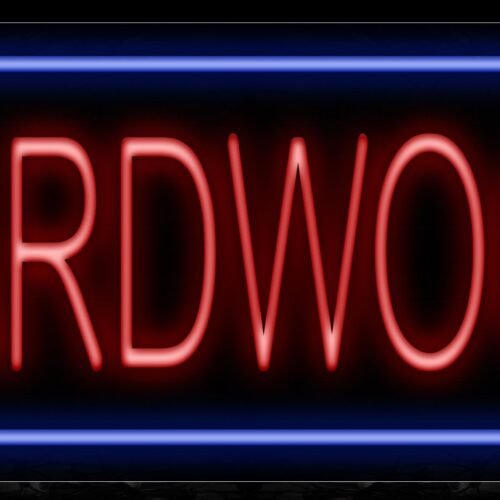 Image of 10560 Hardwood With Blue Box And All Caps Text Traditional Neon_13x32 Black Backing