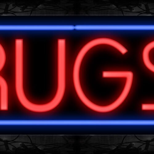Image of 10618 RUGS in red with blue border Neon Sign 13x32 Black Backing