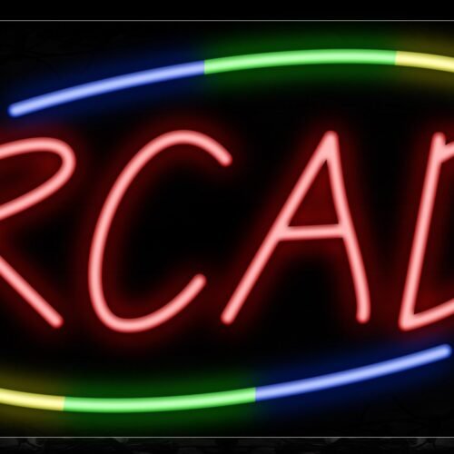 Image of 10729 Arcade with colorful arc border Neon Sign_13x32 Black Backing