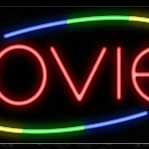 Image of 10840 Movies in red with colorful arc border Neon Sign_13x32 Black Backing