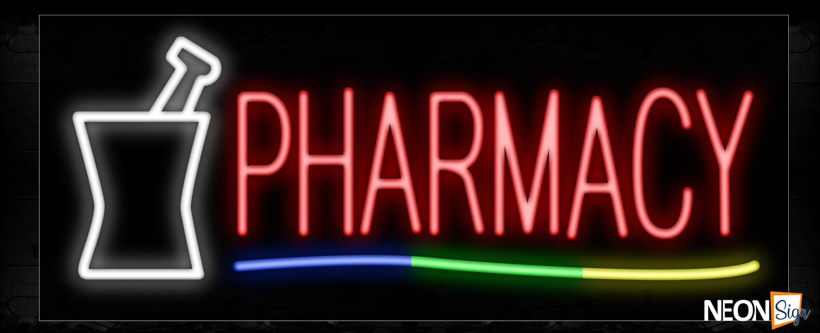 Image of 10869 Pharmacy with colorful lines and mortar Neon Sign_13x32 Black Backing