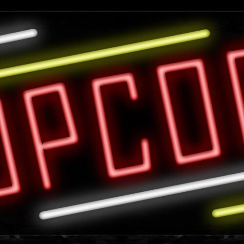 Image of 10879 Popcorn in red wtih white and yellow line Neon Sign_13x32 Black Backing