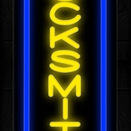 Image of 11002 Locksmith in yellow with blue border (Vertical) Neon Sign 13x32 Black Backing