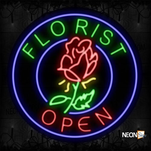 Image of 11143 Florist Open With Logo And Blue Circle Border Neon Sign_26x26 Contoured Black Backing