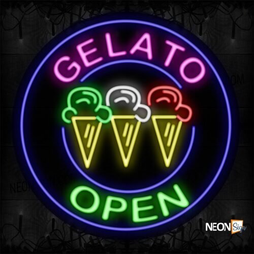 Image of 11151 Gelato Open With Logo And Circle Blue Border_26x26 Contoured Black Backing