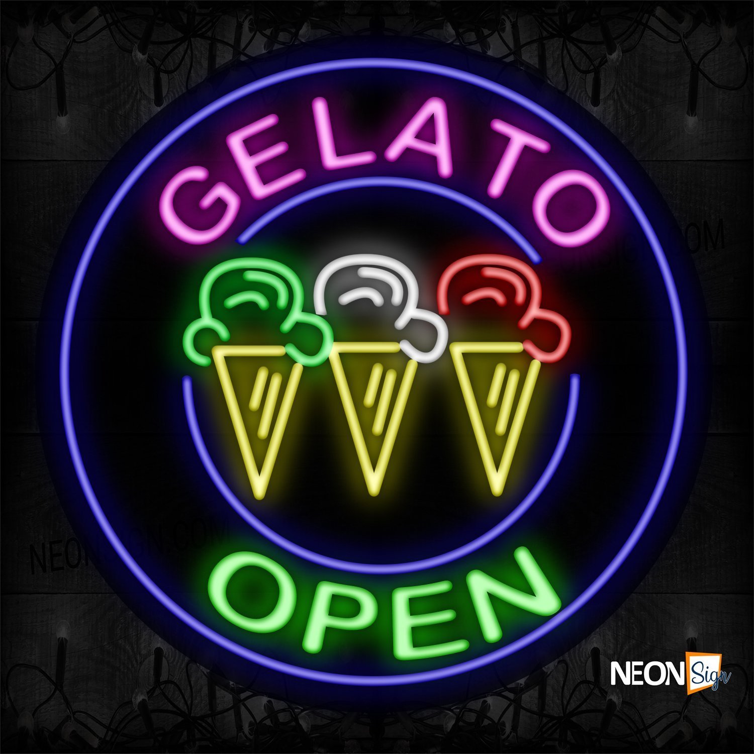 Image of 11151 Gelato Open With Logo And Circle Blue Border_26x26 Contoured Black Backing