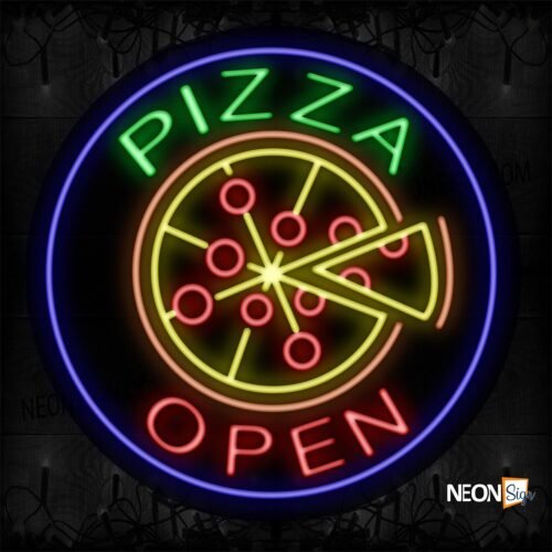 Image of 11162 Pizza Open With Pizza Logo Neon Sign_26x26 Contoured Black Backing