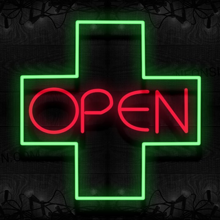 Image of 11686 Open with green cross border Neon Signs 24 x 24