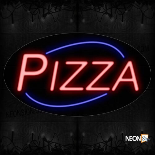 Image of 14068 Pizza In Red With Blue Arc Border Neon Sign_17x30 Contoured Black Backing