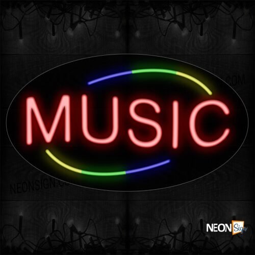 Image of 14254 Music In Red With Colorful Arc Border Neon Sign_17x30 Countoured Black Backing