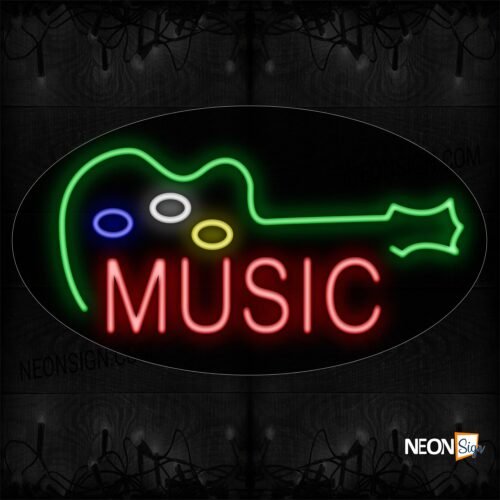 Image of 14255 Music In Red With Logo Of Guitar_17x30 Countoured Black Backing