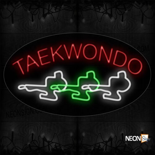 Image of 14303 Taekwondo With 3 Boy Image Arc Border Led Bulb Sign_17x30 Contoured Black Backing