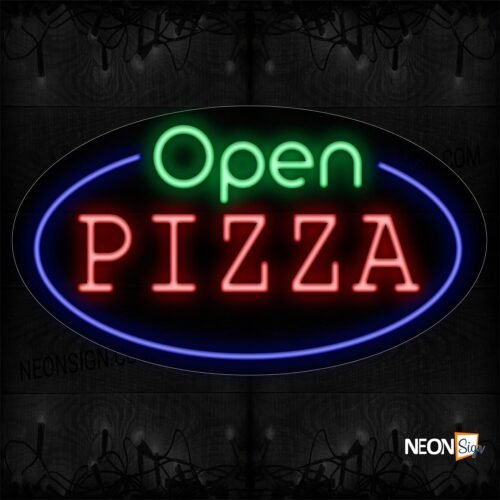 Image of 14470 Open Pizza With Circle Border Neon Sign_17x30 Contoured Black Backing