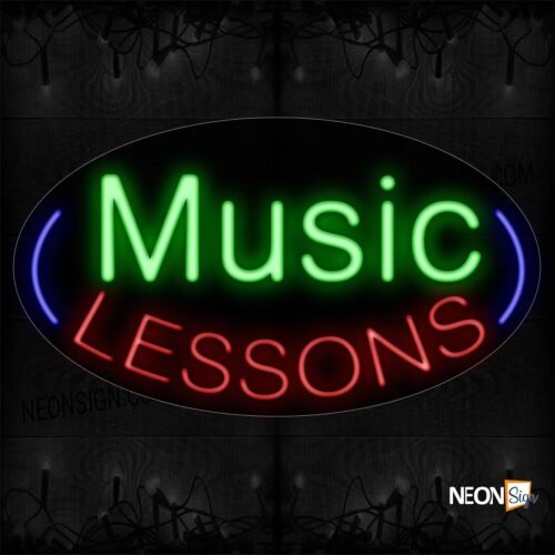 Image of 14636 Music Lessons With Blue Arc Border Neon Sign_17x30 Countoured Black Backing