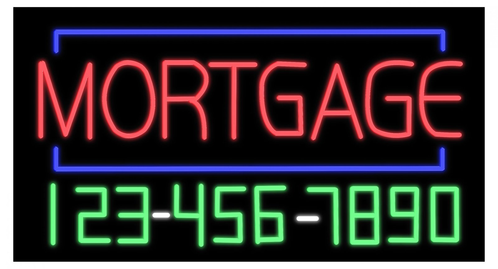 Image of 15082 mortgage with telephone number blue border led bulb sign