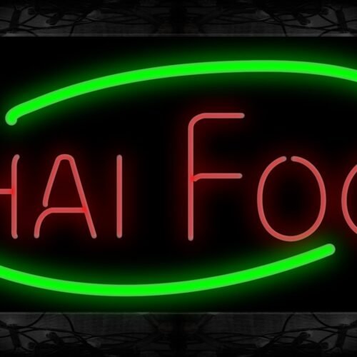 Image of 10943 Thai Food in red with green arc border Neon Sign 13x32 Black Backing