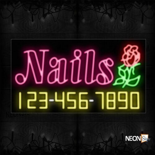 Image of Nails With Rose And Contact Number Neon Sign