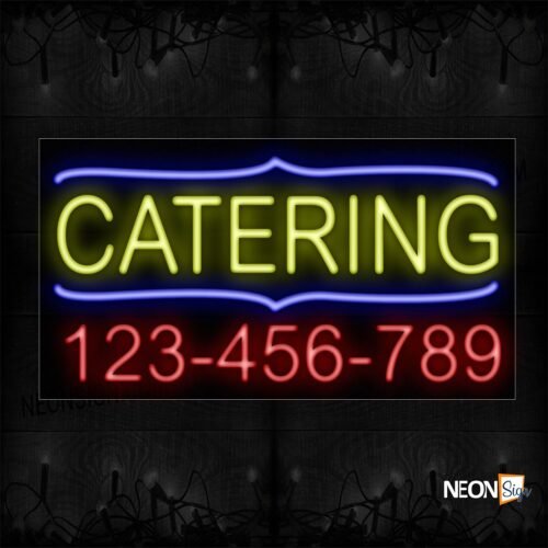 Image of 15022 Catering And Phone Number With Blue Border Neon Sign_20x37 Black Backing